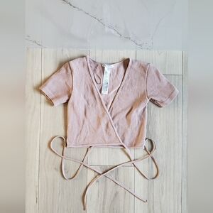 Zara Crop Top Womens XS Beige Wrap Ribbed Short Sleeve